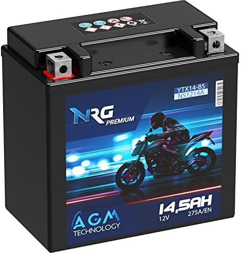NRG Premium YTX14-BS AGM Motorradbatterie 14,5Ah 12V 275A/EN Batterie 51214 YTX14-4 CTX14-BS GTX14-BS auslaufsicher wartungsfrei ersetzt 14Ah