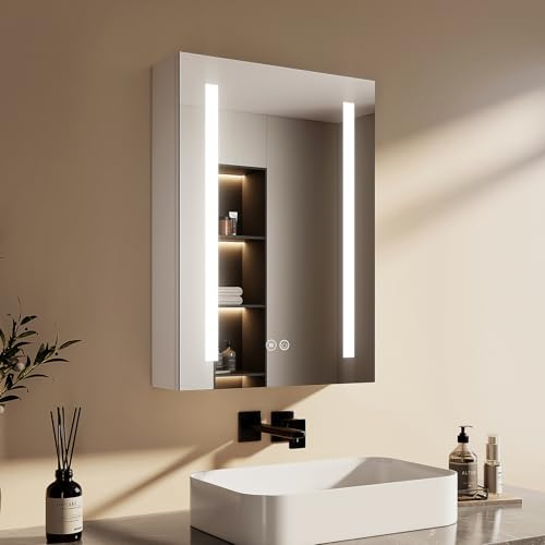 EMKE Spiegelschrank Bad mit Beleuchtung 50x70cm, Dimmbar | Spiegelschränke fürs Bad mit 3 Lichtfarbe, Antibeschlag, Steckdose, Glasablage, Weiß Doppelspiegel, Speicherfunktion