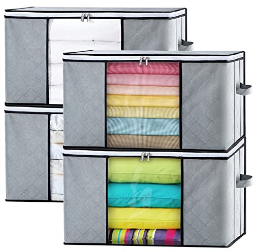 GoMaihe Aufbewahrungstasche 4 Set 90L Faltbare Aufbewahrungsbox mit Deckel Verstärktem Griff and Reißverschluss, Organizer kleideraufbewahrung für Aufbewahrung Bettdecken Kissen Kleidung Grau