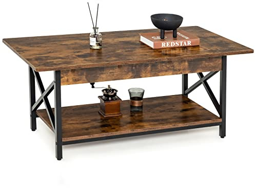 GIANTEX Couchtisch 2 Ablagen, Kaffeetisch Teetisch Holz & Stahlrahmen, Wohnzimmertisch Sofatisch industrieller Stil, Beistelltisch fürs Wohnzimmer 110x60x48cm (Vintagebraun)