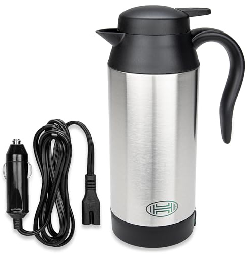 HEYNER® Wasserkocher mit 12 V, 120W, 700ml und Warmhaltefunktion | Reisekocher ist doppelwandig isoliert mit Gummidichtung, für den Zigarettenanzünder von Pkw, Wohnmobil, Boot und Camping