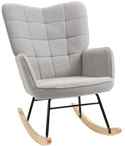 HOMCOM Schaukelstuhl, Schaukelsessel mit Berbervliesoptik, Armlehne, Gepolsterter Sessel mit Holzkufen, Relaxsessel für Wohnzimmer, Schlafzimmer, bis 120kg belastbar, Hellgrau