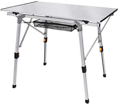HENGMEI Campingbord, vikbart campingsidobord, trädgårdsbord, höjdjusterbart fällbord av aluminium, balkongbord med packväska, 90 x 52 cm, silver