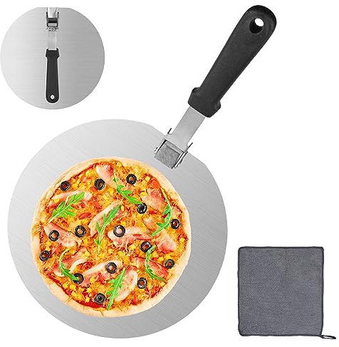 Kleemeiero Pelle a Pizza Spatule Four à Pizza Pelle à Pizza Ronde en Acier Inoxydable Pelle à Pizza Ronde 10 Pouces avec Chiffon de Nettoyage Outil de Transfert de Pizza pour Gâteaux, Pizzas, Tartes