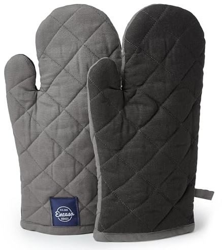 Encasa XO Heat Resistant Cotton Oven Gloves Mitts (2 Pc Set) - Quilted & Safe 12x6.6 in - for Kitchen, Cooking & Baking, Grilling, Handling Hot Pots & Pans - Grey