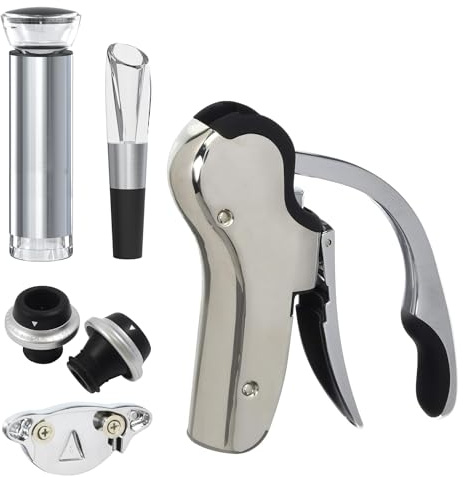 KEISSCO Stainless Steel Wine Opener Set - Compact Vertical Corkscrew Wine Bottle Opener Gift Set with Foil Cutter, Aerator Pourer, Vacuum Pump and 2 Wine Stoppers, Wine Gift Set for Home Party Bar