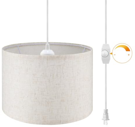 WimiSom Plug in Pendant Light,15 FT Hanging Lamp with Plug in Cord, Dimmable Switch, Pendant Lighting with Fabric Shade, Hanging Light Fixture for Living Room, Bedroom, Dining Room, Kitchen