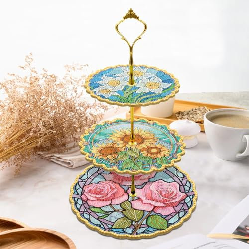 Demiawaking DIY Diamond Painting Tortenständer 3 Etagen, Diamant Malerei Cupcake Ständer Dessert Tablett, Dessert Ständer, 5D Diamant Painting Serviertablett für Hochzeit Geburtstag Tea Party (E)
