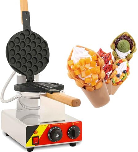 Naturalpowev Bubble Waffle Maker, 1000W Commercial Egg Puff Waffle Iron Machine with 180° Rotatable & Wooden Handles, Egg Waffle Maker for Breakfast Lunch Household Cake Shop