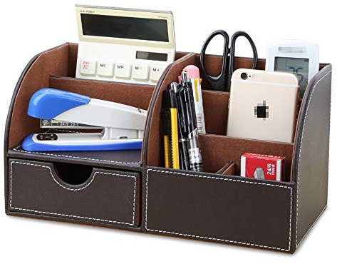 LVUNZJCA Schreibtisch Organizer PU-Leder-Büro-Schreibtisch-Organizer Desktop-Aufbewahrung Box-Sammlung Visitenkarte für das Home Office(Braun)