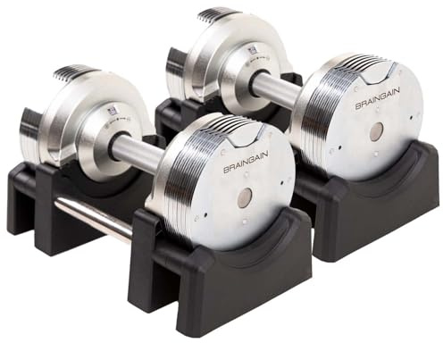 BRAINGAIN Justerbara Hantlar Set 23,5kg / 32,5kg / 41,5kg – Nu med 34mm Gen 4-handtag – Byt vikt på 1 sek – Platsbesparande hemmagym – Flera vikter i en – Krom/Svart