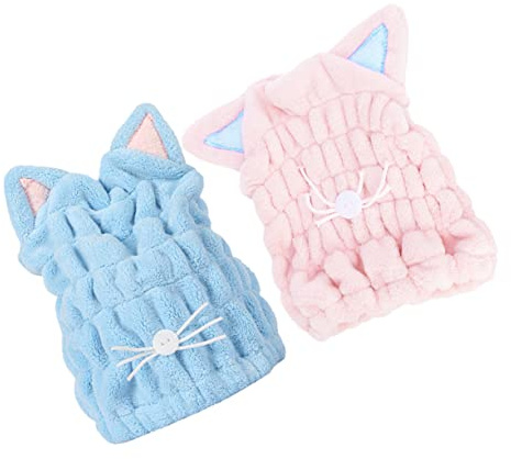 Haartrocknungshaube mit Katzenohren, 2 Stück, Coral Fleece, Blau Rosa | Schnelltrocknend, Leicht und Angenehm, für Lange Haare Reisen und Fitnessstudio