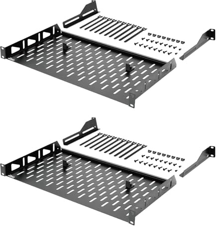 Tecmojo 1U 2 Pack Cantilever Rack Mount Shelf, Vented 19'' Front Mounting Server and Network Rack Shelf 254mm Depth with Rear Supporting Ears and Anti-Slip Stops, 55lbs(25kg) Capacity