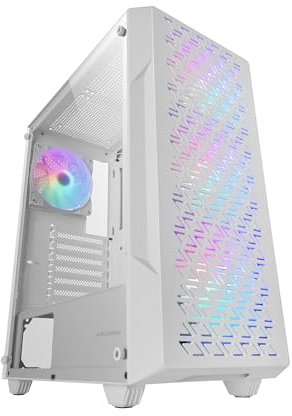 MARSGAMING MC-GEO, Case Gaming ATX, 4x Ventole FRGB Rainbow 12cm, Pannello Frontale Mesh Geometrico, Finestra Laterale Vetro Temperato, Semitorre Doppia Camera, Supporto Raffreddamento Liquido, Bianco
