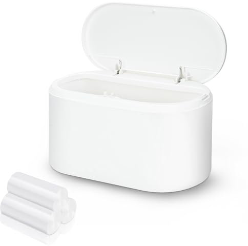 SHAIDOJIO Small Bin, Small Bathroom Bin with Lid and 90PCS Trash Bags, Removable Desk Plastic Mini Office Bins, Pop Up Mini Dustbin, White Desk Trash Can for Bathroom Coffee Bar Tabletop Dresser