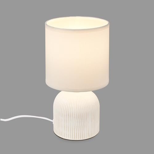 BRILONER - Tischlampe mit Stoffschirm, Kabelschalter, Keramikfuß, Lampe, Nachttischlampe, Tischleuchte, Dekolampe Flur, Bürolampe, Leselampe, Wohnzimmer, Schlafzimmer, 15x28 cm (DxH), Weiß