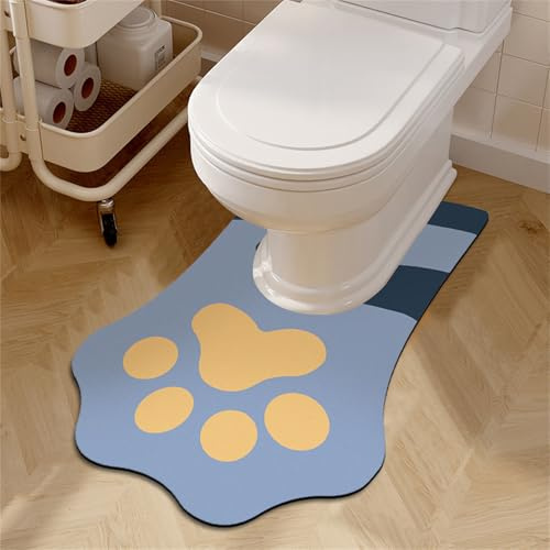 Highdi Toilet Mat U Shape, Cat Paw Shape Diatomite Bath Mat U Shape Absorbent Quick Dry Non Slip U Shaped Toilet Floor Mat Toilet Rug WC Toilet Mat Washable for Bedroom (60x90cm,Blue)