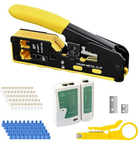 Pass Through RJ45 Crimp Tool: Ethernet Crimping Tool with 50pcs CAT6 Pass-Through Connectors and Network Cable Tester Cat5 Cat5e Cat6 Crimping Tool Kit