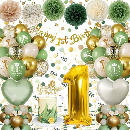 Deko 1. Geburtstag Mädchen Junge, Luftballon 1. Geburtstag Grün Gold, Geburtstagsdeko 1 Jahr mit Folienballon Nummer 1, Happy 1st Birthday Banner Pompons, Mehrweg-Deko zum Ersten