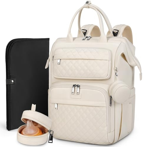 RAINSMORE Baby skötväska ryggsäck multifunktion blöjbyte ryggsäckar med bärbar skötmatta napp fodral baby blöjväskor för mamma och pappa, Aprikos, Modern, praktisk