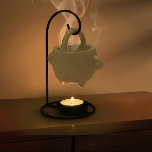 Bruciatore Calderone di Oli Essenziali Sospeso Diffusore di Oli Essenzial | Candela Brucia Essenze Ceramica con Portacandele Aroma Lamp Decorazione Casa Camera da Letto Yoga, Bianco