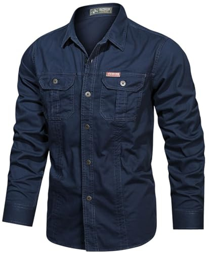 PADOLA Chemise Homme Manches Longues Slim Fit Coton Boutonnée Chemises avec Poches Col Rever Chemise de Travail Cargo Uni Chemisette Militaire Tactique Shirt Safari Habit (5 Bleu Foncé, L)
