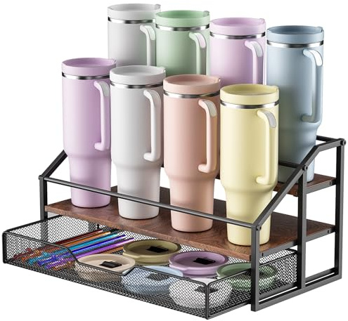 MOJOHAND Water Bottle Organizer for Stanley, 3-Tier 8 Bottles Rack with Storage Basket for Cup Accessories, Large Tumbler Holder Stand, Water Bottle Holder Wine Rack