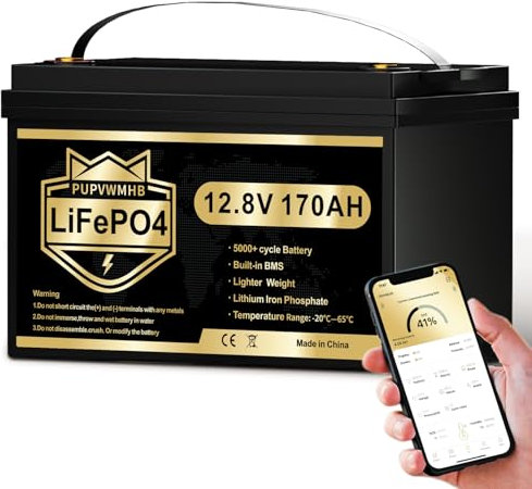 PUPVWMHB LiFePO4 12V 170AH Autobatterie Bluetooth 150A BMS über 5000 Mal Tiefzyklus Lithium Akku 2176W Abschaltschutz bei Niedriger Temperatur für Wohnmobil, Camping, Boot, Solare Heimanlagen