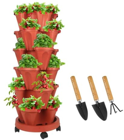 Sthrucrack Jardinière empilable, Tour de Jardin Verticale, Ensemble de jardinières Verticales pour Fraises, Herbes, Fleurs (Terracotta, 6 Niveaux)