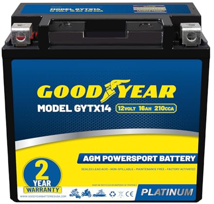 Goodyear GYTX14-12 Volt 16 AH, 210 CCA, Rechargeable High-Performance, Maintenance Free, SLA - AGM Battery for Motorcycle, ATV, UTV, 4-Wheeler, Snowmobile, Watercraft and more!