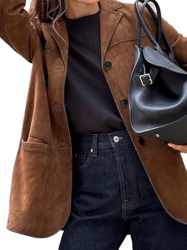 LLECDASEUI Donna Oversize Giacca in Camoscio Casual Inverno Autunno Abiti Cappotti giacche Blazer in Ecopelle (Marrone,S)
