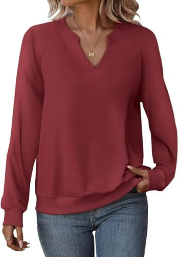Cuptacc Pull Femme Chic Et Elegant Sweat Femme sans Capuche Col en V Manches Longues Automne Mode Haut Vin Rouge XL 46-48