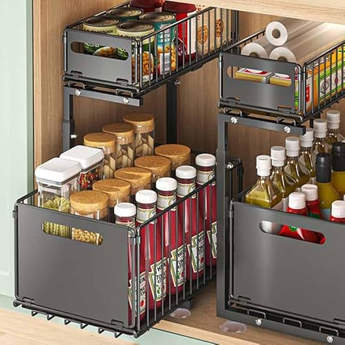 Utensy 2-stufige Teleskopschublade, Faltbare Ausziehbare Schublade Küche, Skalierbarer Unterschrank Organizer mit 2 Etagen, Küchenschrank Organizer für Spülschrank & Arbeitsplatte Metall