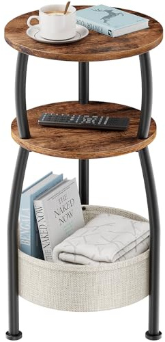Yuede Beistelltisch rund, 3-Stufiger Runder Kleiner Tisch, Couchtisch Klein, Nachttisch, mit Stofftasche, Wohnzimmertisch, Korb aus Stoff, Sofatisch für Room, 30 x 61 cm, Metall, modern (Braun)