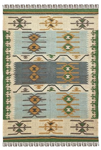 Tappeto Kilim reversibile, 15 x 20 cm, in lana e iuta, design geometrico, verde, multicolore, tessuto a mano, spesso 0,5 cm, tappeto a trama piatta, per interni ed esterni, per camera da letto, sala