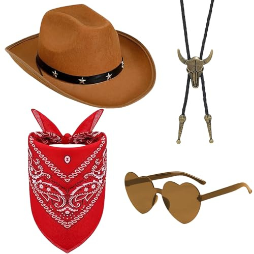 SSKHE Set di accessori per travestimento da cowboy occidentale, cappello marrone, occhiali a cuore, sciarpa rossa, collana con testa di toro, unisex, per Halloween, carnevale e cosplay, essenziale