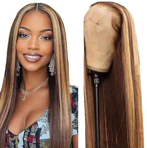 Shoaiye 13x4 Lace Front Echthaar Perücke Damen Straight Human Hair Wig Wear and Go Glueless Remy Pre Plucked Natural Hairline 150% Density Highlight Blonde Color for Woman 30 Inch