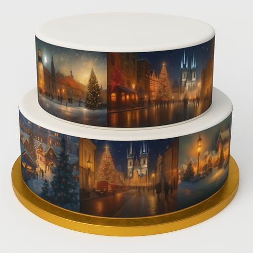 Vintage Christmas Village & Markets Themed Border Edible Decor Icing Sheet Cake Decoration