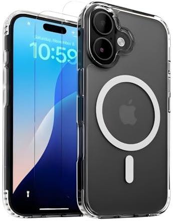 CLFZON für iPhone 16 Hülle (Kompatibel mit MagSafe) mit 2 Schutzfolie, (Anti-Vergilbung) Kratzfest Durchsichtig Magnetisch Handyhülle - Transparent