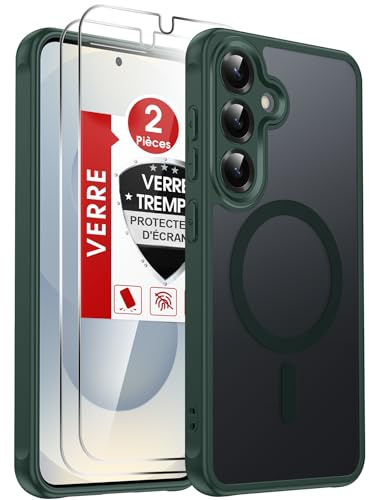 LeYi Cover Magnetica per Samsung Galaxy S25 5G con Vetro Temperato(Verde) | Custodia per S 25 Traslucida Opaca Anti-Impronte Resistente ai Graffi Paraurti in TPU Antiurto Protettiva Case