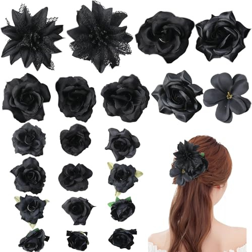 Fermagli per capelli con fiori, 21 pezzi neri, fermaglio per capelli con fiori artificiali, decorazione floreale per capelli per festa, spiaggia, matrimonio, decorazione per eventi