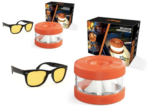FASE - Baliza v16 Homologada DGT - Pack 2 Unidades - Incluye Gafas de Conducción Nocturna - APP Incluida - Luz de Emergencia con Geolocalizador - Proporciona Geolocalización a la DGT - Color Naranja