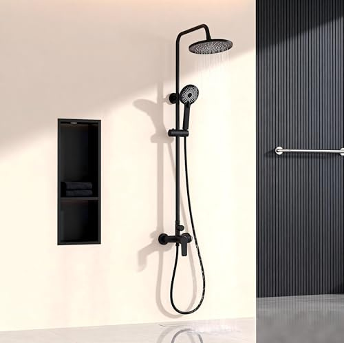 STANEW Colonne de Douche Mécanique, Ensemble Douche avec Tête Ronde et Manchette ABS à 3 Jets, Colonne de Douche pour Salle de Bain, Noir,Rond