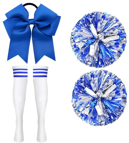 Cheerleader Pompons Set, cheerleader Pompons, Sport Pompons Cheers Ball Pompoms, 2 Pompoms + Haarband + Kniestrümpfe, Metallfolie Puschel Tanzpuschel für Tanzparty Sport Wettbewerb Team Geist (Blue)