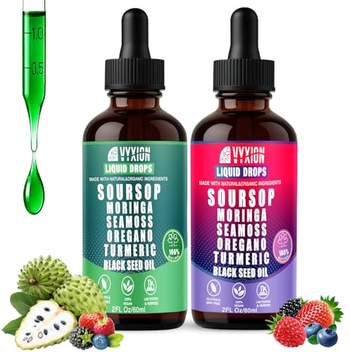 Vyxion Soursop Bitters Liquid Drops 10 in 1 with Sea Moss, Ashwagandha | Original & Mixed Berry Flavor Combo | 2-Pack (2 Fl Oz Each) | Herbal Extracts for Overall Health | Vegan, Non-GMO, Gluten-Free