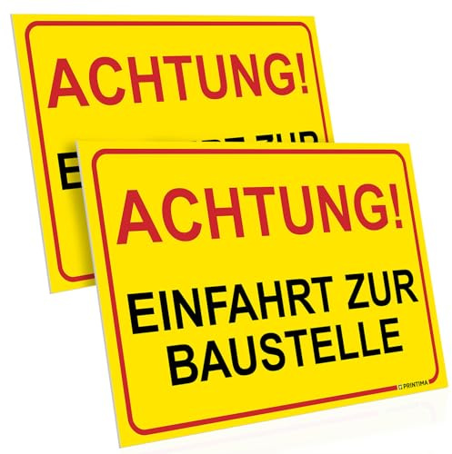 PRINTIMA 2x Schild ACHTUNG! EINFAHRT ZUR BAUSTELLE 32x21 cm – wetterfeste PVC-Warnschilder inkl. Montageset – gut sichtbar für Baustellenzufahrten & Arbeitsbereiche