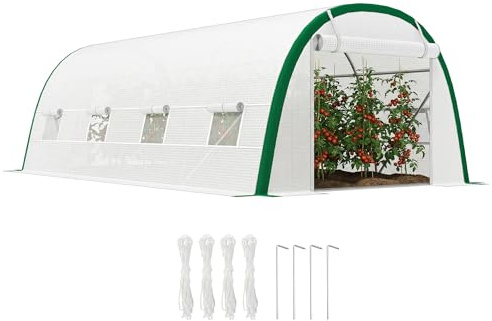 Outsunny Invernadero de Exterior 6x3x2 m con Puerta Enrollable, 8 Ventanas de Malla, Invernadero de Túnel con Cubierta PE 140g/m², Marco de Acero Galvanizado, Protección UV, para Plantas, Blanco