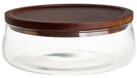 Faroby Cuenco de vidrio para servir, ensaladera de vidrio transparente con tapa de madera, plato redondo de almacenamiento de alimentos estilo granja, S