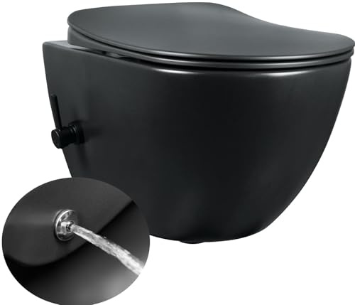WC sospeso a parete con bidet integrato e rubinetto miscelatore caldo/freddo, WC in ceramica nera opaca a forma di D con sedile morbido