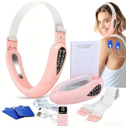 Massaggiatore elettrico V-Face Shaping + elettrostimolatore versione 2026, rimozione a doppio mento e rassodante, massaggiatore facciale EMS, fototerapia rossa e blu, 5 modalità di terapia +